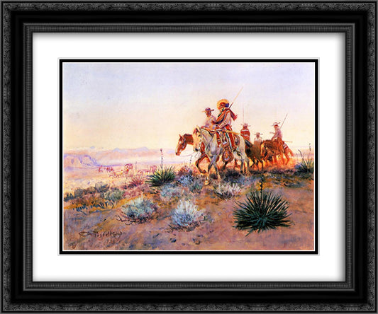 Mexican Buffalo Hunters 24x20 Black Ornate Wood Framed Art Print Poster with Double Matting by Russell, Charles M.