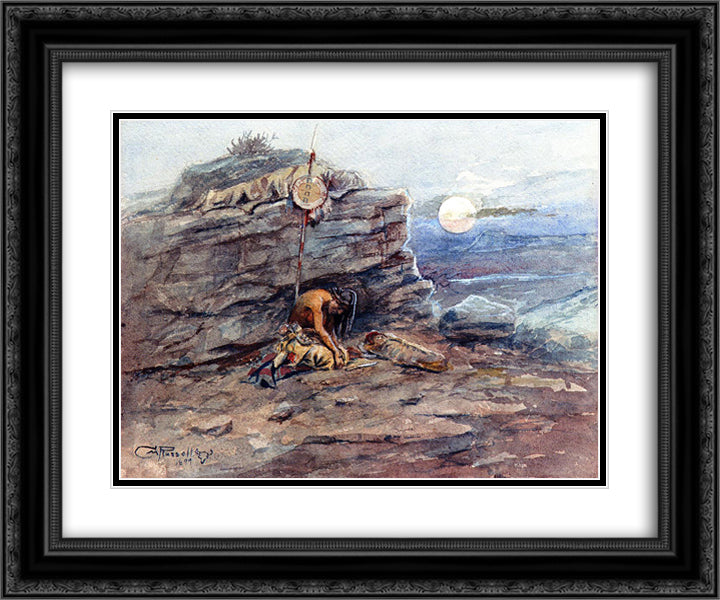 Mourning Her Warrior Dead 24x20 Black Ornate Wood Framed Art Print Poster with Double Matting by Russell, Charles M.