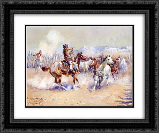 Navajo Wild Horse Hunters 24x20 Black Ornate Wood Framed Art Print Poster with Double Matting by Russell, Charles M.