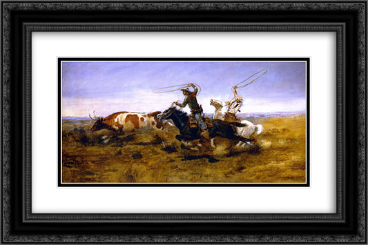 OH Cowboys Roping a Steer 24x16 Black Ornate Wood Framed Art Print Poster with Double Matting by Russell, Charles M.