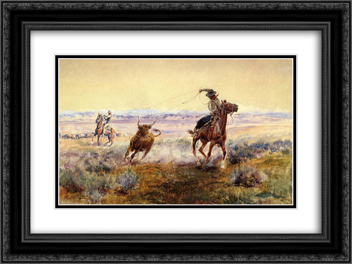 On the Pond 24x18 Black Ornate Wood Framed Art Print Poster with Double Matting by Russell, Charles M.