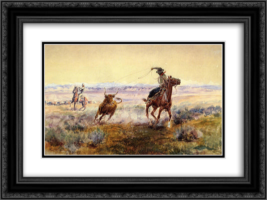 On the Pond 24x18 Black Ornate Wood Framed Art Print Poster with Double Matting by Russell, Charles M.