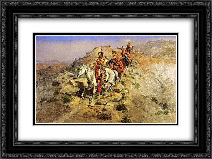 On the Warpath 24x18 Black Ornate Wood Framed Art Print Poster with Double Matting by Russell, Charles M.