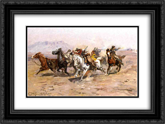 Outnumbered 24x18 Black Ornate Wood Framed Art Print Poster with Double Matting by Russell, Charles M.