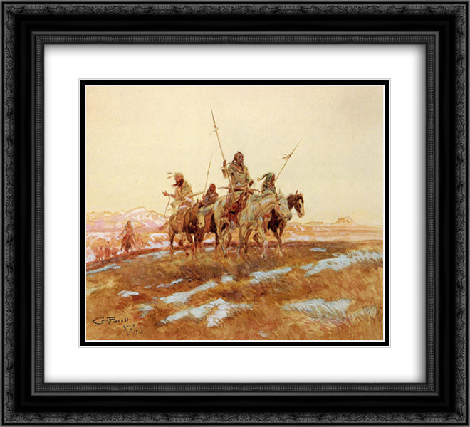 Piegan Hunting Party 22x20 Black Ornate Wood Framed Art Print Poster with Double Matting by Russell, Charles M.