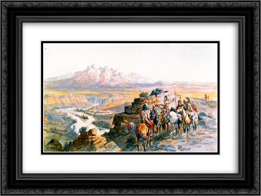 Planning the Attack on the Wagon Train 24x18 Black Ornate Wood Framed Art Print Poster with Double Matting by Russell, Charles M.