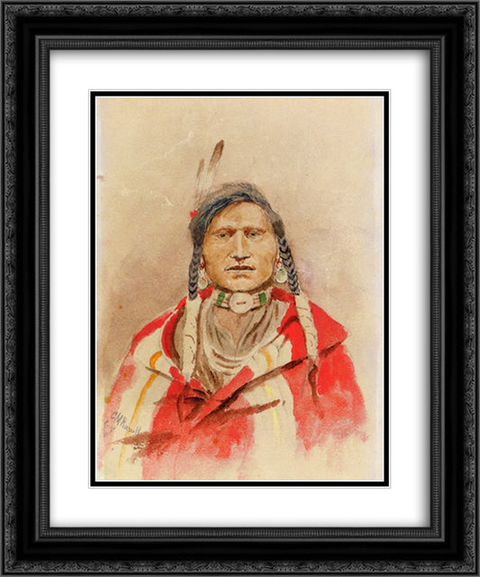 Portrait of an Indian 20x24 Black Ornate Wood Framed Art Print Poster with Double Matting by Russell, Charles M.