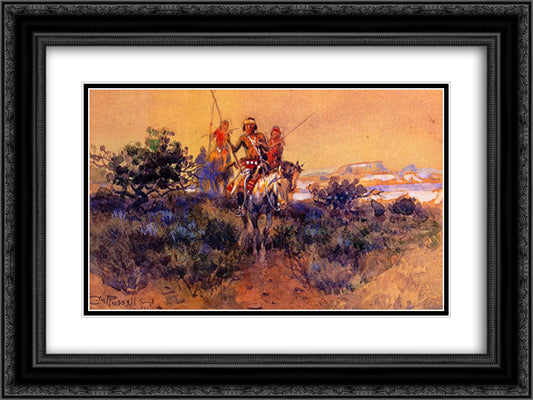 Return of the Navajos 24x18 Black Ornate Wood Framed Art Print Poster with Double Matting by Russell, Charles M.