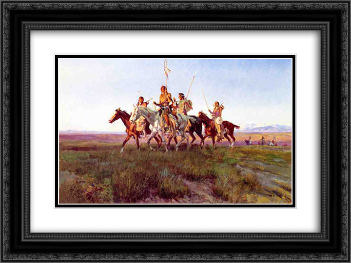 Return of the War Party 24x18 Black Ornate Wood Framed Art Print Poster with Double Matting by Russell, Charles M.