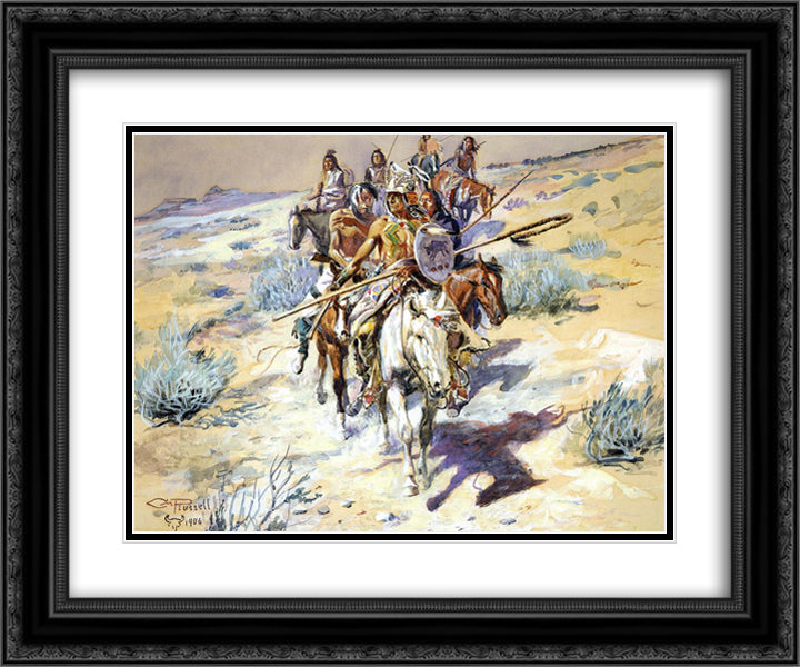 Return of the Warriors 24x20 Black Ornate Wood Framed Art Print Poster with Double Matting by Russell, Charles M.
