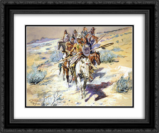 Return of the Warriors 24x20 Black Ornate Wood Framed Art Print Poster with Double Matting by Russell, Charles M.