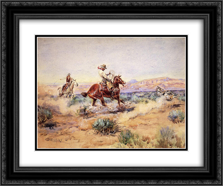 Roping a Wolf 24x20 Black Ornate Wood Framed Art Print Poster with Double Matting by Russell, Charles M.