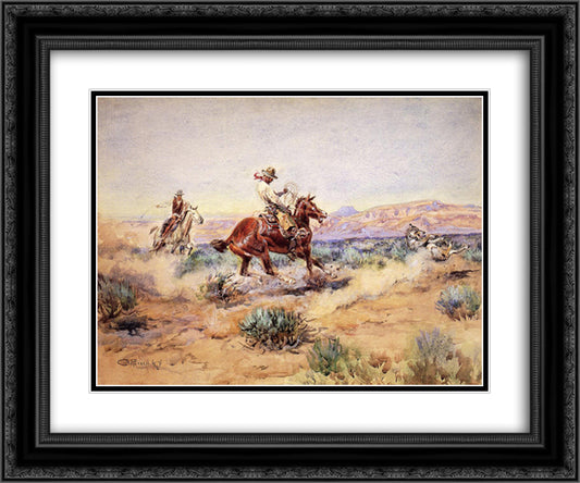 Roping a Wolf 24x20 Black Ornate Wood Framed Art Print Poster with Double Matting by Russell, Charles M.