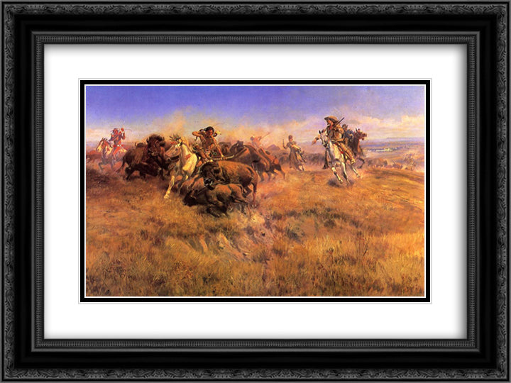 Running Buffalo 24x18 Black Ornate Wood Framed Art Print Poster with Double Matting by Russell, Charles M.