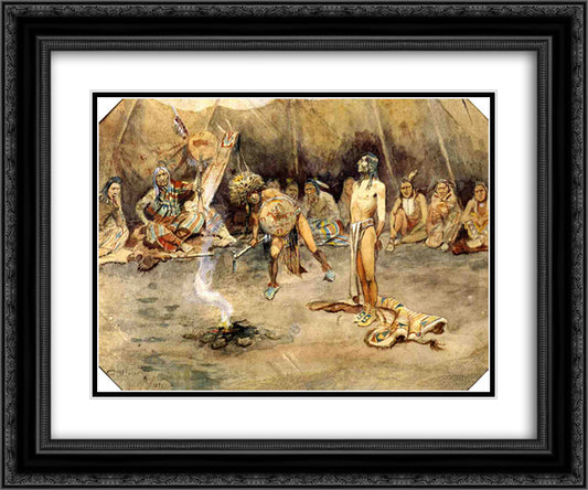 Sioux Torturing a Blackfoot Brave 24x20 Black Ornate Wood Framed Art Print Poster with Double Matting by Russell, Charles M.
