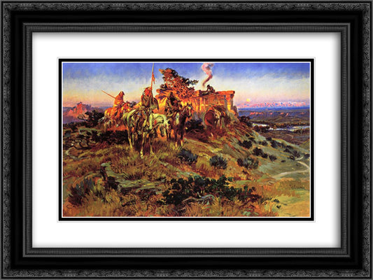 Smoke talk 24x18 Black Ornate Wood Framed Art Print Poster with Double Matting by Russell, Charles M.