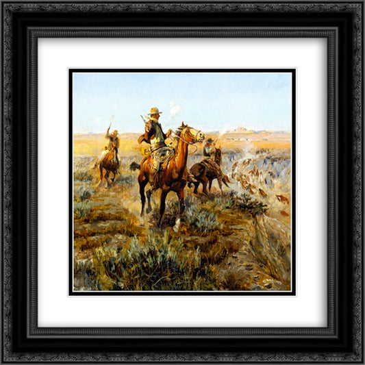 Smoking Cattle Out of the Breaks 20x20 Black Ornate Wood Framed Art Print Poster with Double Matting by Russell, Charles M.