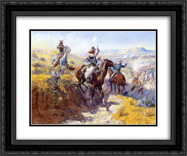 Smoking Them Out 24x20 Black Ornate Wood Framed Art Print Poster with Double Matting by Russell, Charles M.