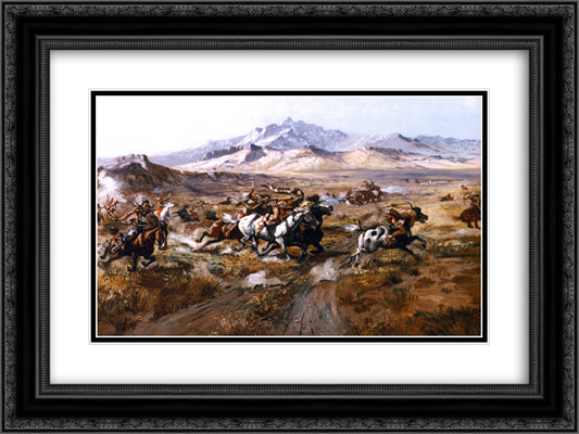 Stage Coach Attack 24x18 Black Ornate Wood Framed Art Print Poster with Double Matting by Russell, Charles M.