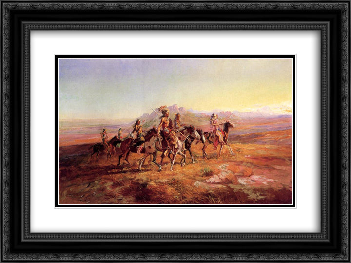 Sun River War Party 24x18 Black Ornate Wood Framed Art Print Poster with Double Matting by Russell, Charles M.