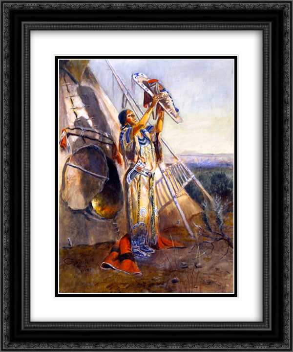 Sun Worship in Montana 20x24 Black Ornate Wood Framed Art Print Poster with Double Matting by Russell, Charles M.