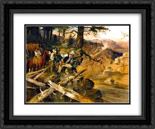 The Ambush 24x20 Black Ornate Wood Framed Art Print Poster with Double Matting by Russell, Charles M.