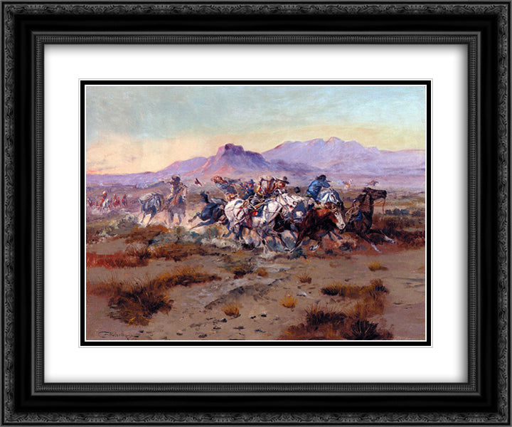 The Attack 24x20 Black Ornate Wood Framed Art Print Poster with Double Matting by Russell, Charles M.