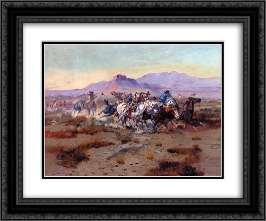 The Attack 24x20 Black Ornate Wood Framed Art Print Poster with Double Matting by Russell, Charles M.