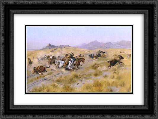 The Attack 24x18 Black Ornate Wood Framed Art Print Poster with Double Matting by Russell, Charles M.