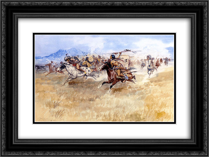 The Battle Between the Blackfeet and the Piegans 24x18 Black Ornate Wood Framed Art Print Poster with Double Matting by Russell, Charles M.