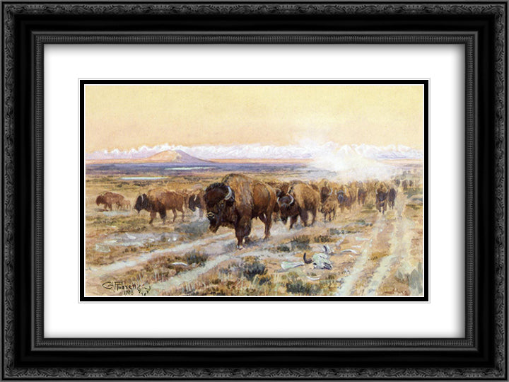 The Bison Trail 24x18 Black Ornate Wood Framed Art Print Poster with Double Matting by Russell, Charles M.
