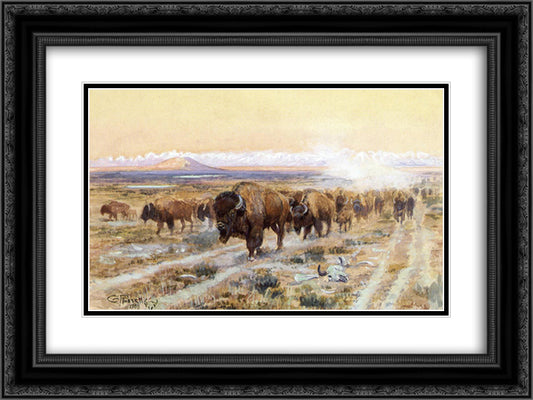 The Bison Trail 24x18 Black Ornate Wood Framed Art Print Poster with Double Matting by Russell, Charles M.
