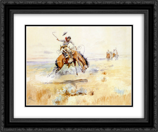 The Bronco Buster 24x20 Black Ornate Wood Framed Art Print Poster with Double Matting by Russell, Charles M.