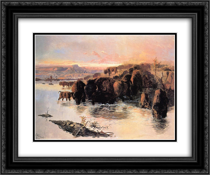 The Buffalo Herd 24x20 Black Ornate Wood Framed Art Print Poster with Double Matting by Russell, Charles M.