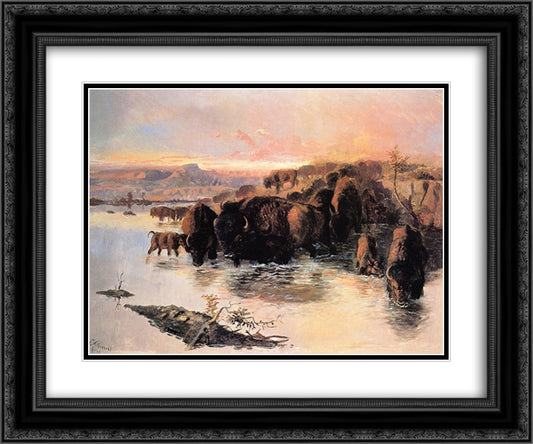 The Buffalo Herd 24x20 Black Ornate Wood Framed Art Print Poster with Double Matting by Russell, Charles M.