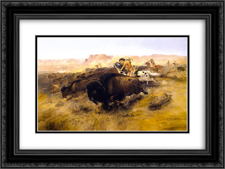 The Buffalo Hunt 24x18 Black Ornate Wood Framed Art Print Poster with Double Matting by Russell, Charles M.