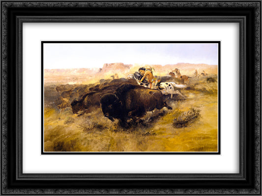 The Buffalo Hunt 24x18 Black Ornate Wood Framed Art Print Poster with Double Matting by Russell, Charles M.