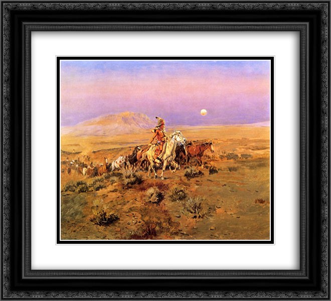 The Horse Thieves 22x20 Black Ornate Wood Framed Art Print Poster with Double Matting by Russell, Charles M.