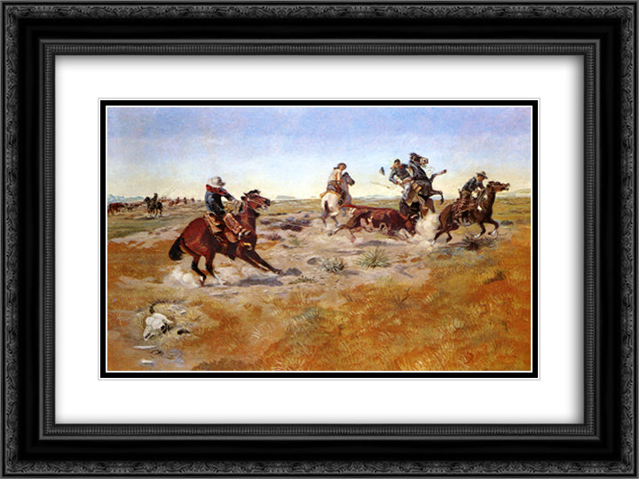 The Judith Basin Roundup 24x18 Black Ornate Wood Framed Art Print Poster with Double Matting by Russell, Charles M.