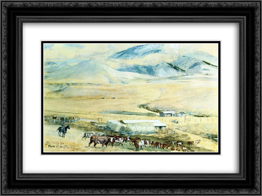 The Lazy K Y 24x18 Black Ornate Wood Framed Art Print Poster with Double Matting by Russell, Charles M.