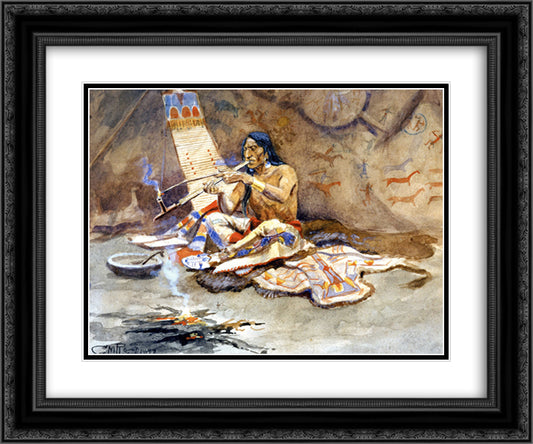 The Peace Pipe 24x20 Black Ornate Wood Framed Art Print Poster with Double Matting by Russell, Charles M.