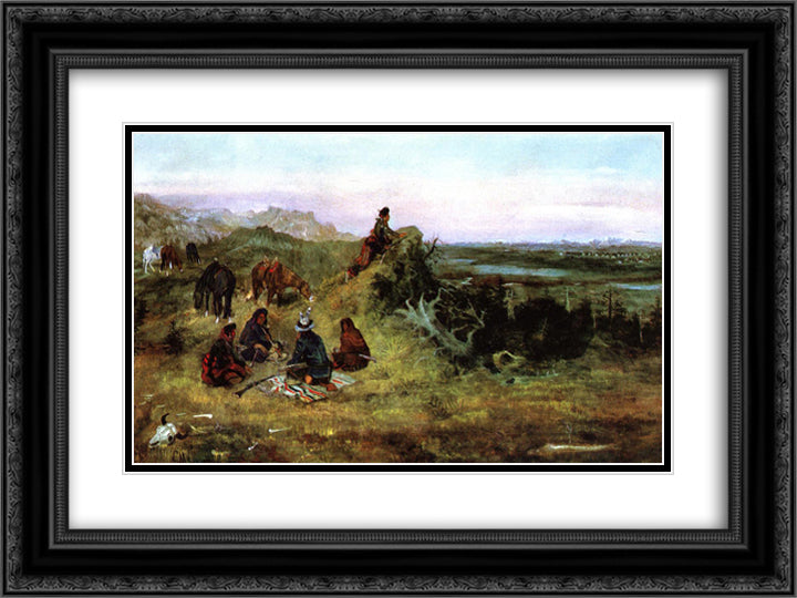 The Piegans Preparing to Steal Horses from the Crows 24x18 Black Ornate Wood Framed Art Print Poster with Double Matting by Russell, Charles M.