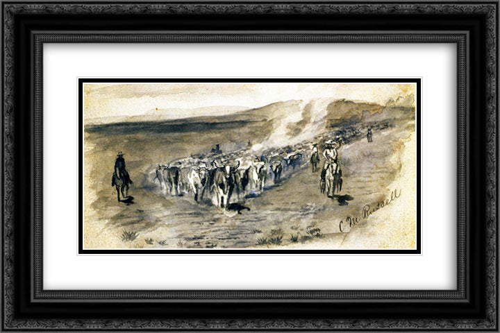 The Roundup 24x16 Black Ornate Wood Framed Art Print Poster with Double Matting by Russell, Charles M.