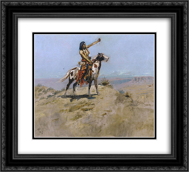 The Signal 22x20 Black Ornate Wood Framed Art Print Poster with Double Matting by Russell, Charles M.