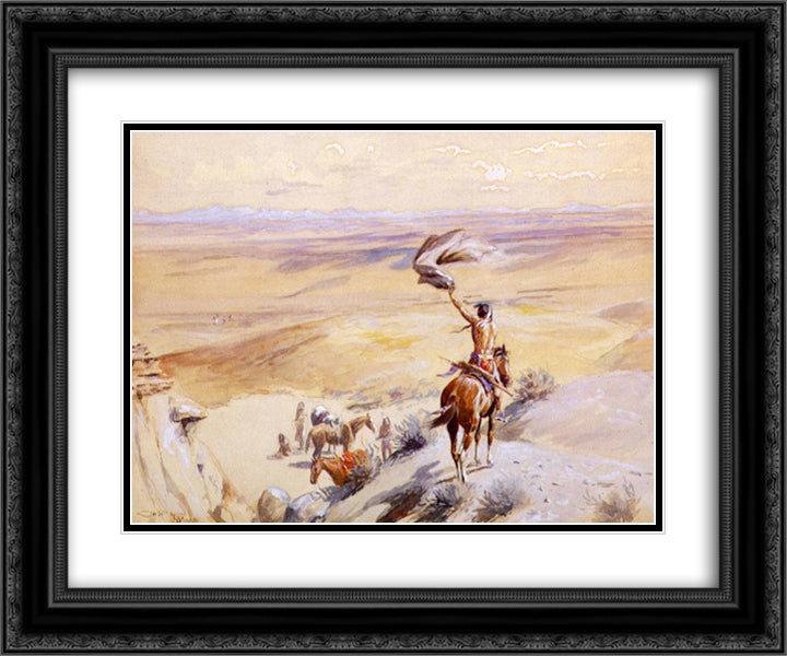 The Signal 24x20 Black Ornate Wood Framed Art Print Poster with Double Matting by Russell, Charles M.