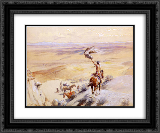 The Signal 24x20 Black Ornate Wood Framed Art Print Poster with Double Matting by Russell, Charles M.