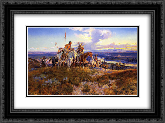 Wagons 24x18 Black Ornate Wood Framed Art Print Poster with Double Matting by Russell, Charles M.