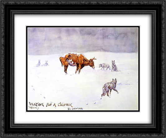 Waiting for a Chinook 24x20 Black Ornate Wood Framed Art Print Poster with Double Matting by Russell, Charles M.