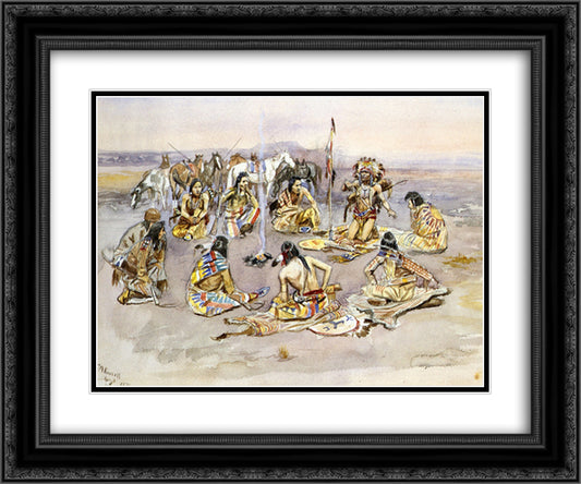 War Council 24x20 Black Ornate Wood Framed Art Print Poster with Double Matting by Russell, Charles M.