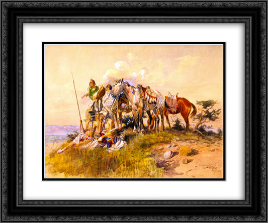 Watching for the Smoke Signal 24x20 Black Ornate Wood Framed Art Print Poster with Double Matting by Russell, Charles M.
